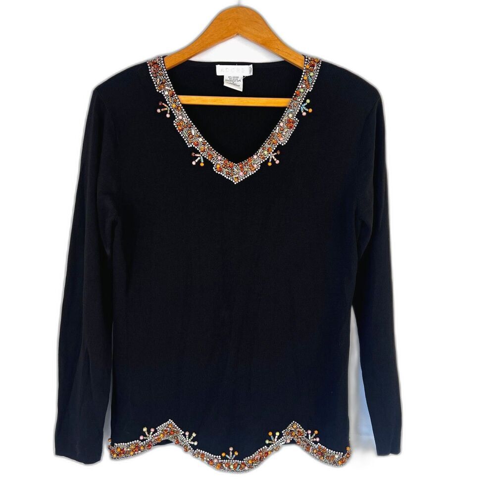 Adore Embellished Beaded Knit Sweater Dressy Boho‎ Chic Black Size Medium